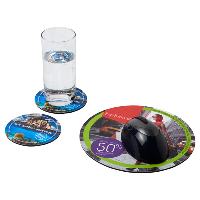 Q-Mat Mouse Mat Set - Round Mouse Mat & Coasters with Glass of Water